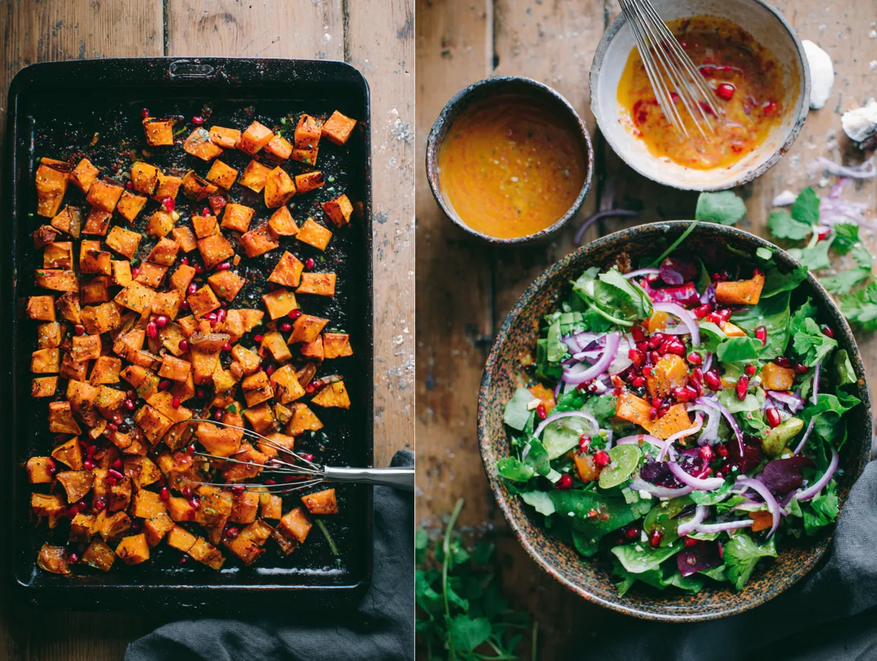 Moroccan Roasted Sweet Potato Salad with Harissa Dressing Irresistible Delight 4 Step-by-step visuals of Moroccan Roasted Sweet Potato Salad being prepared: sweet potatoes roasting, harissa dressing in a bowl, and salad assembled.