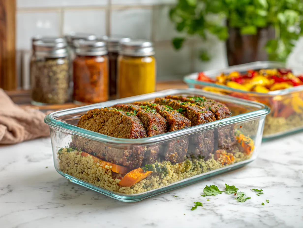 Moroccan Meatloaf with Spices and Raisins – Bold & Comforting 6 Meal-prepped Moroccan meatloaf slices with couscous and vegetables in a labeled container, ready for storage.