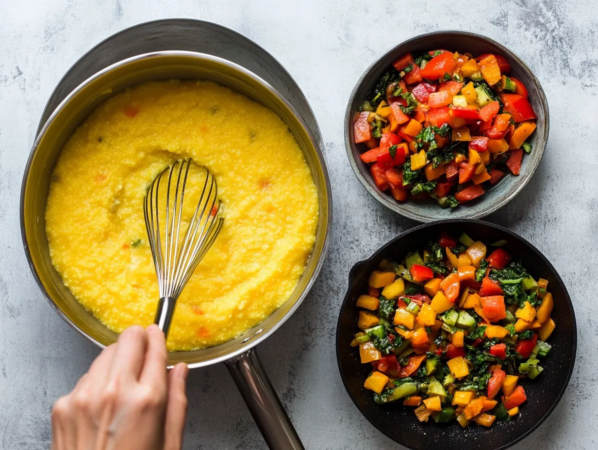 Moroccan Spiced Polenta with Vegetables Recipe That Warms the Soul 4 Step-by-step collage: whisking polenta in a pot, sautéing vegetables in a pan, combining them in a bowl, top-down view.