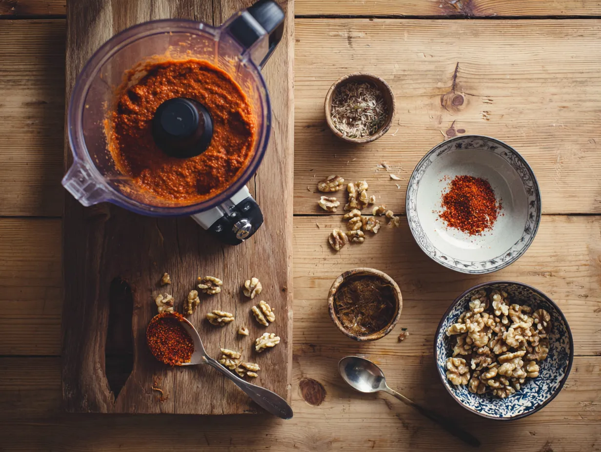Bold & Flavorful Moroccan Red Pepper And Walnut Dip Delight 4 Step-by-step prep of Moroccan red pepper and walnut spread, showing ingredients, food processor in action, and finished creamy dip in a bowl.