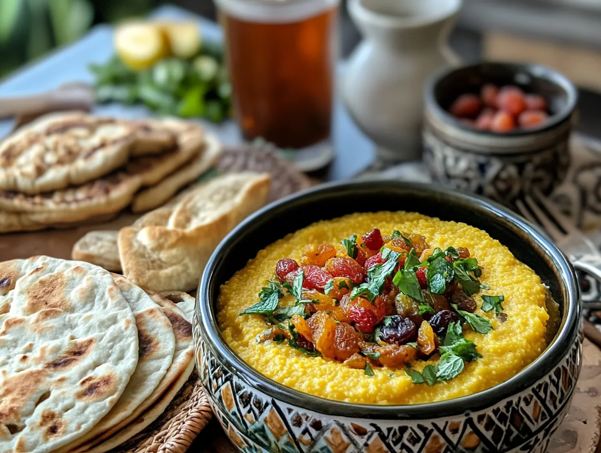 Moroccan Spiced Polenta with Vegetables Recipe That Warms the Soul 6 Table with Moroccan side dishes like mint tea, flatbread, dried fruits, and the main polenta dish served in a decorative Moroccan-style bowl.