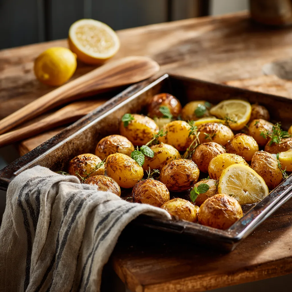 Moroccan Mint and Lemon Roasted Potatoes Perfection 4 “Tray of Moroccan mint and lemon roasted potatoes fresh out of the oven with golden edges and fresh herbs.”