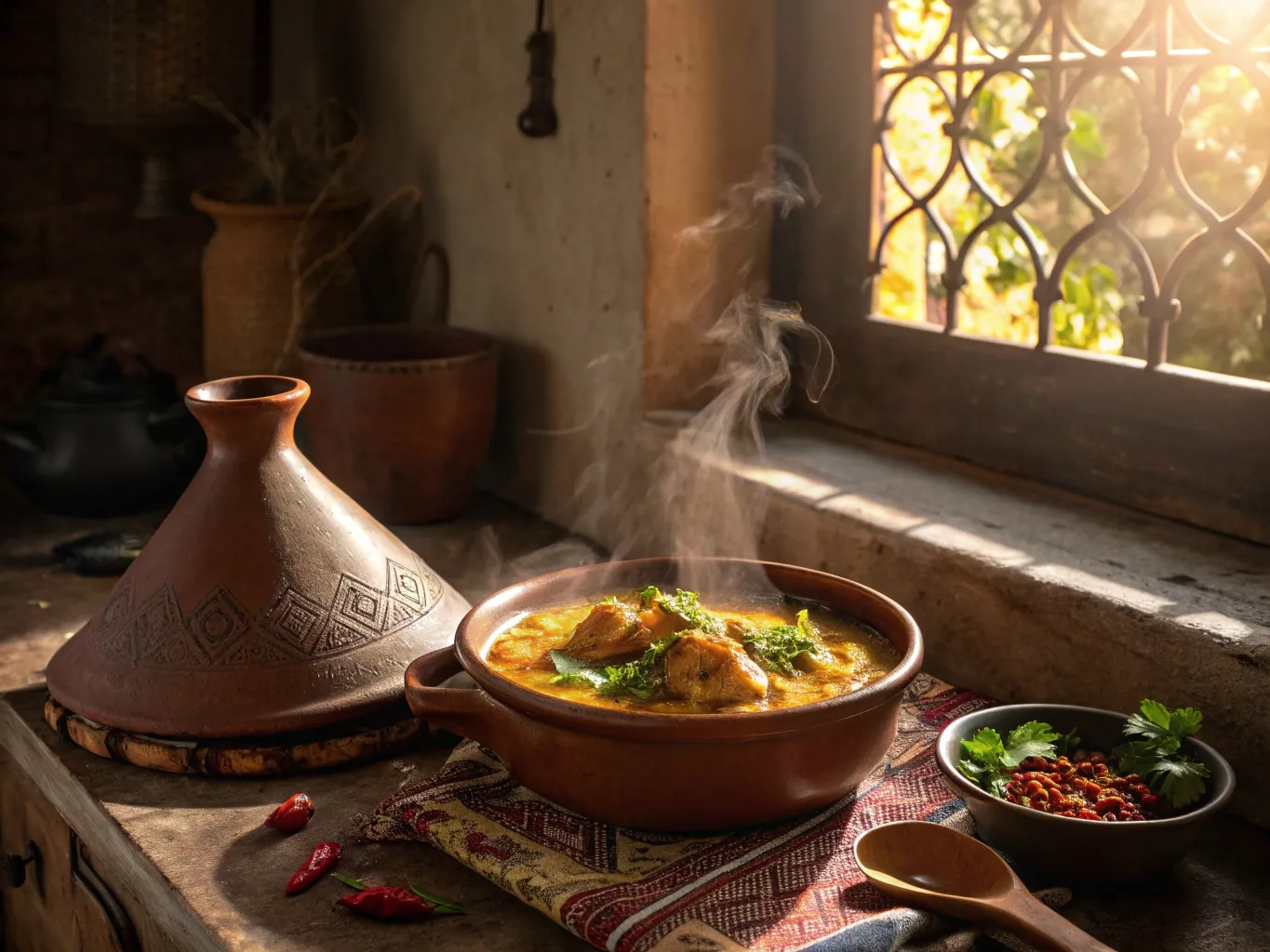 Moroccan Saffron and Chicken Soup Recipe Truly Magical 2 “Traditional Moroccan kitchen with steaming saffron chicken soup and vibrant spices on display”