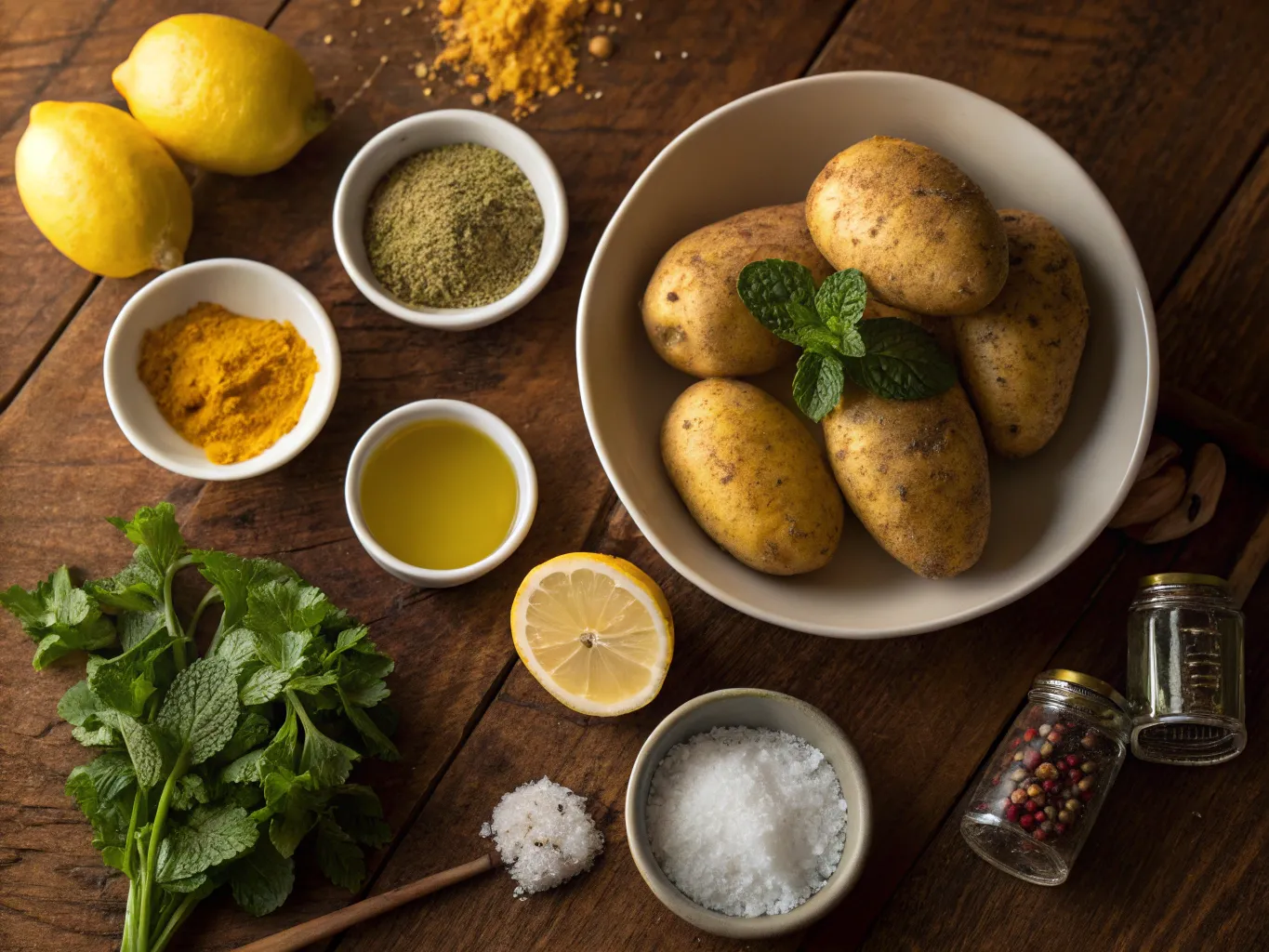 Moroccan Mint and Lemon Roasted Potatoes Perfection 3 “Raw ingredients for Moroccan mint and lemon roasted potatoes on a rustic wooden surface.”