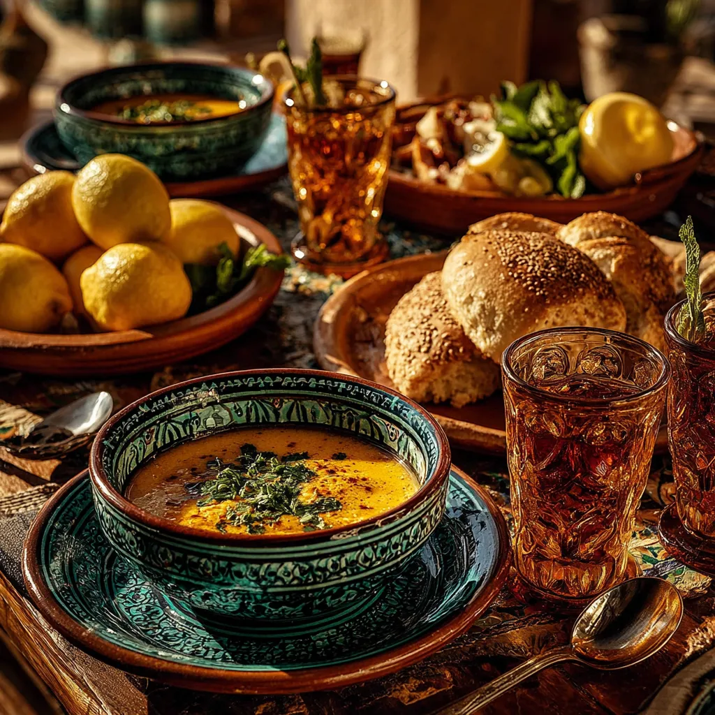 Moroccan Saffron and Chicken Soup Recipe Truly Magical 5 “Moroccan table setting with saffron chicken soup, bread, and mint tea served in traditional dishware”