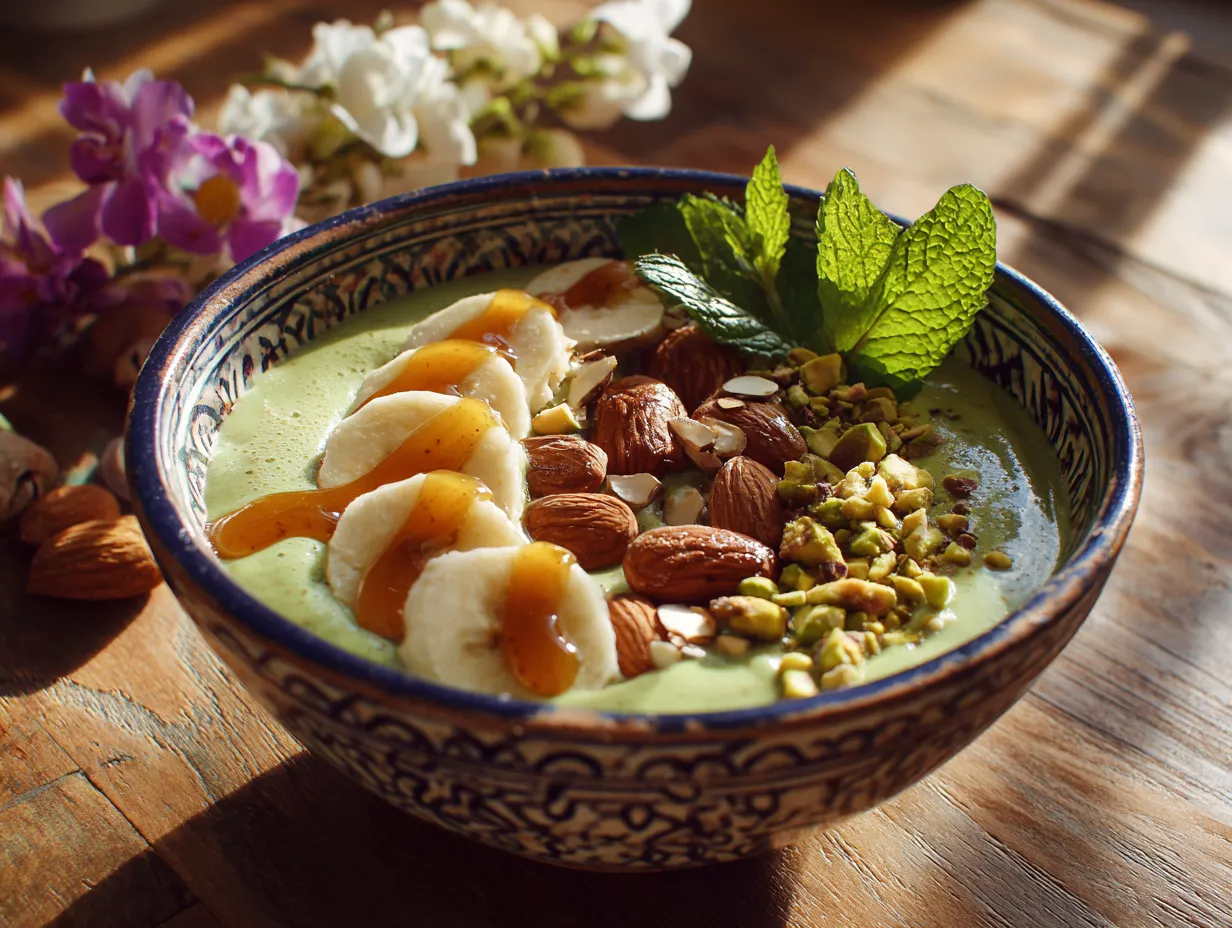 Moroccan Avocado and Nuts Smoothie for Glowing Health 4 Garnished Moroccan avocado and nuts smoothie bowl with fresh toppings in a traditional ceramic bowl.