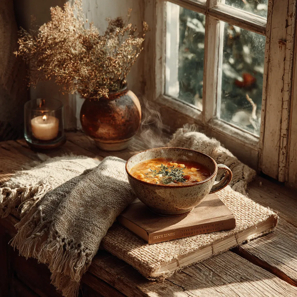 Moroccan Saffron and Chicken Soup Recipe Truly Magical 6 “Cozy setting with Moroccan saffron chicken soup, tea, and a wellness book, representing nourishment and healing”