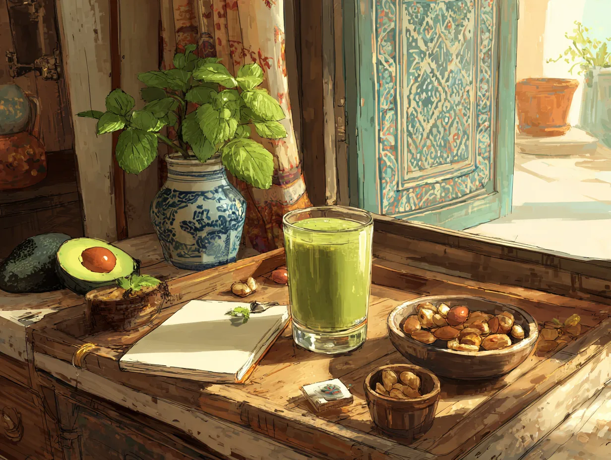 Moroccan Avocado and Nuts Smoothie for Glowing Health 6 Morning kitchen setup with zaazaa naturally smoothie, journal, avocado, and nuts on a rustic tray in soft natural light.