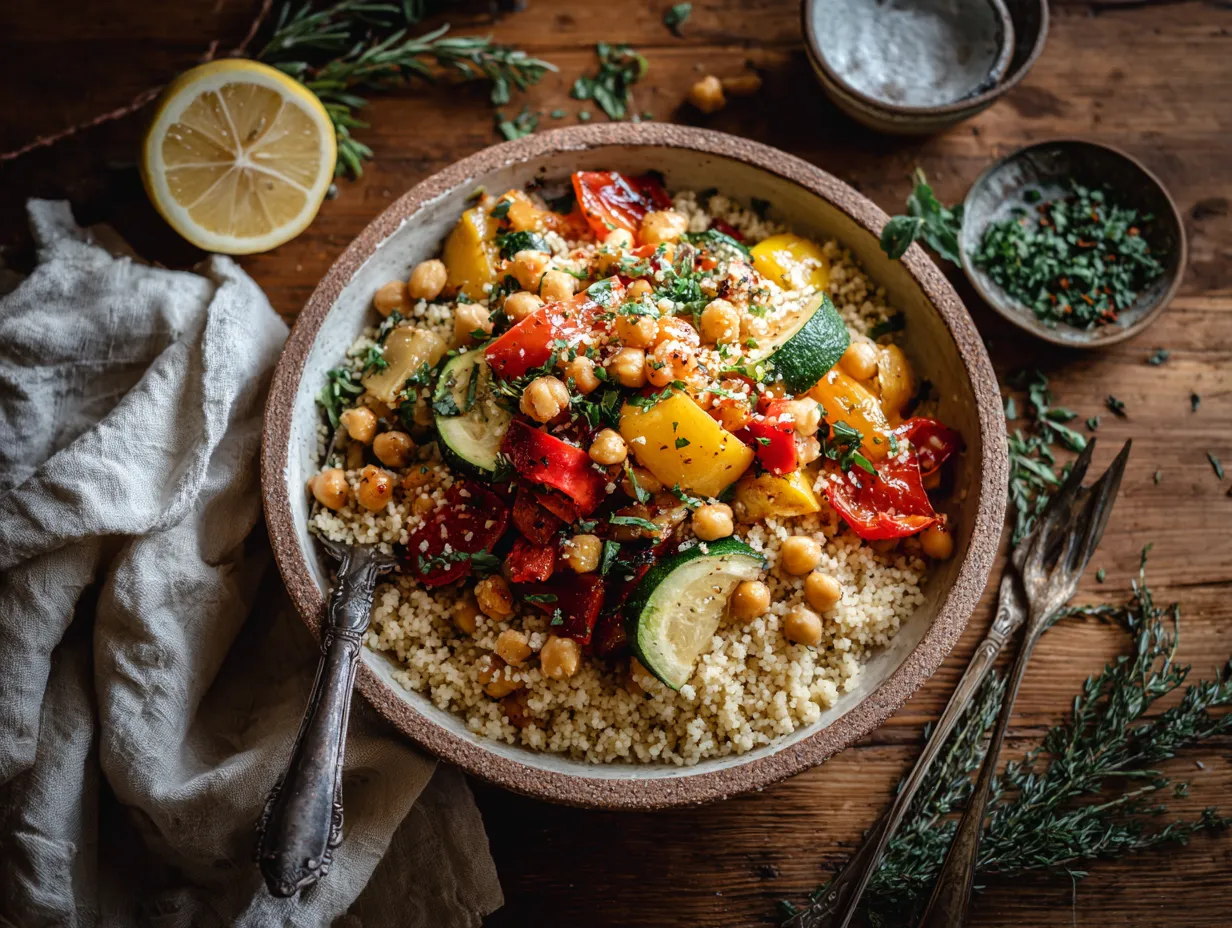 30-Minute Warm Couscous Salad You’ll Absolutely Love 2 Warm couscous salad with roasted vegetables and chickpeas in a rustic bowl on a wooden table