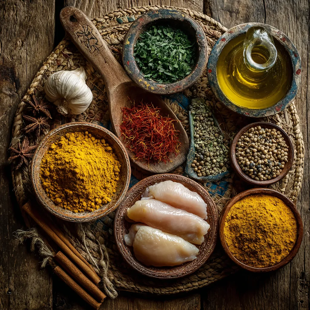 Moroccan Saffron and Chicken Soup Recipe Truly Magical 3 “Flat lay of Moroccan saffron chicken soup recipe ingredients including spices, chicken, and fresh herbs on a rustic table”