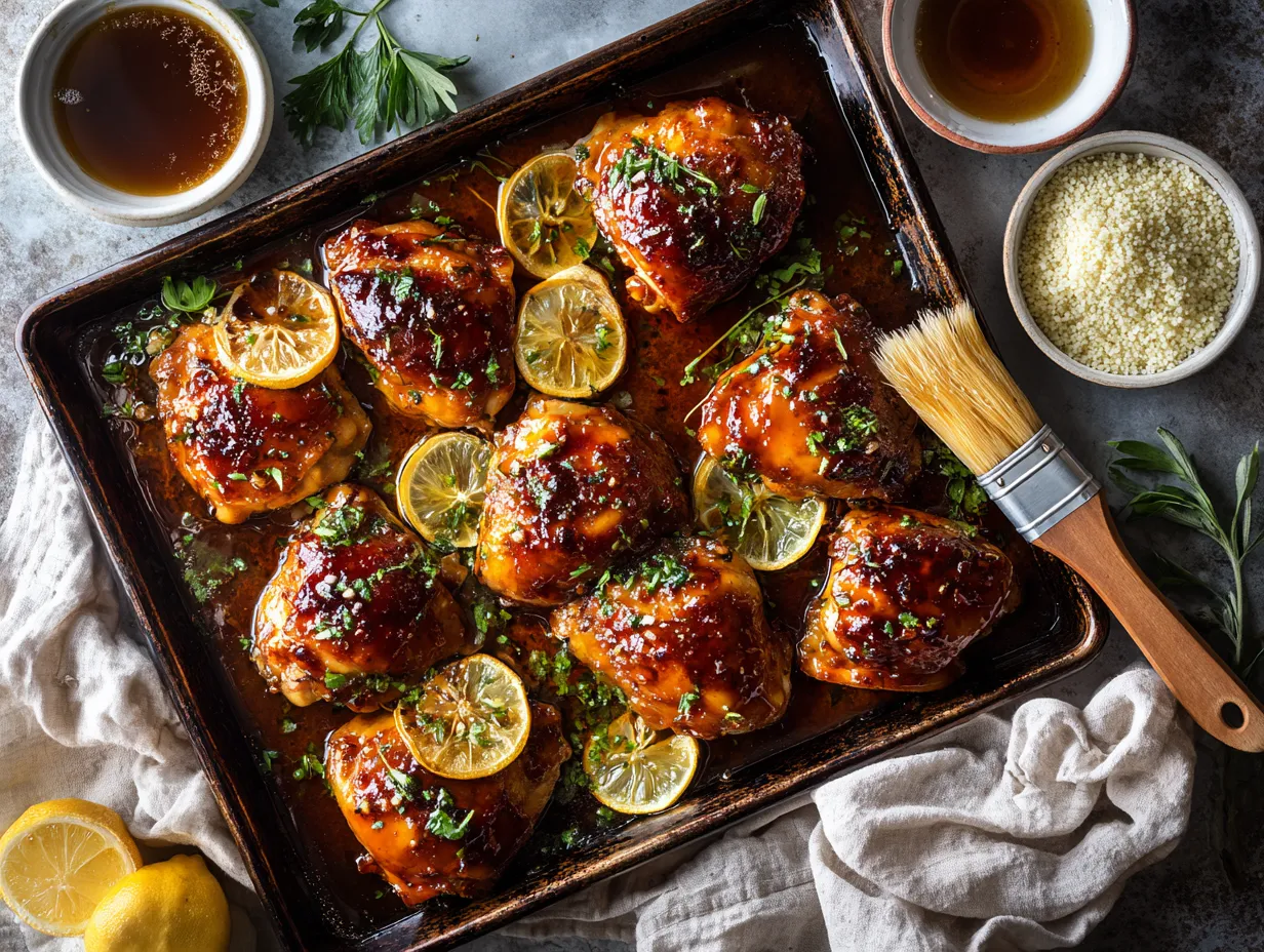 Harissa Honey Chicken for an Epic Dinner Win 4 Freshly baked harissa honey chicken with caramelized glaze, herbs, and lemon on a tray, ready to serve.