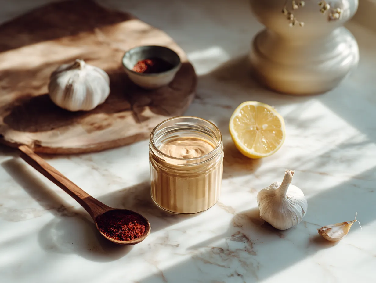 Garlicky Harissa Aioli: A Bold and Smoky Sauce You’ll Want on Everything 5 u1416823846 A minimalist kitchen scene with a small glass jar 0c5cc9ac 46b3 4dec be68 798f2115f612 2 www.moroccaneats.com