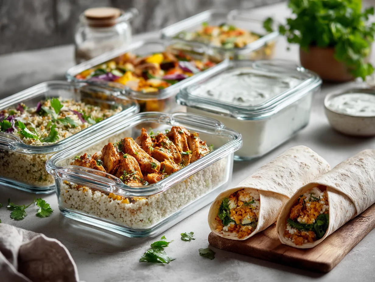 Harissa Honey Chicken for an Epic Dinner Win 6 Meal prep containers with harissa honey chicken, couscous, and veggies, next to a fresh wrap and yogurt dip on a clean kitchen counter.