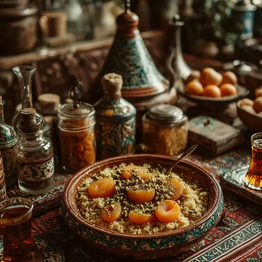 Moroccan Apricot and Pistachio Couscous Delight 6 u1416823846 A rustic Moroccan dining table setting in natural f8a81e1c 0764 4fb1 be75 ba5c847987d3 1 edited www.moroccaneats.com