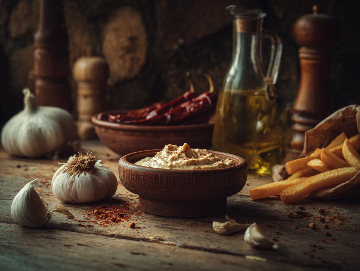 Garlicky Harissa Aioli: A Bold and Smoky Sauce You’ll Want on Everything 2 Traditional North African harissa paste in a wooden bowl with fresh garlic, olive oil, and spices