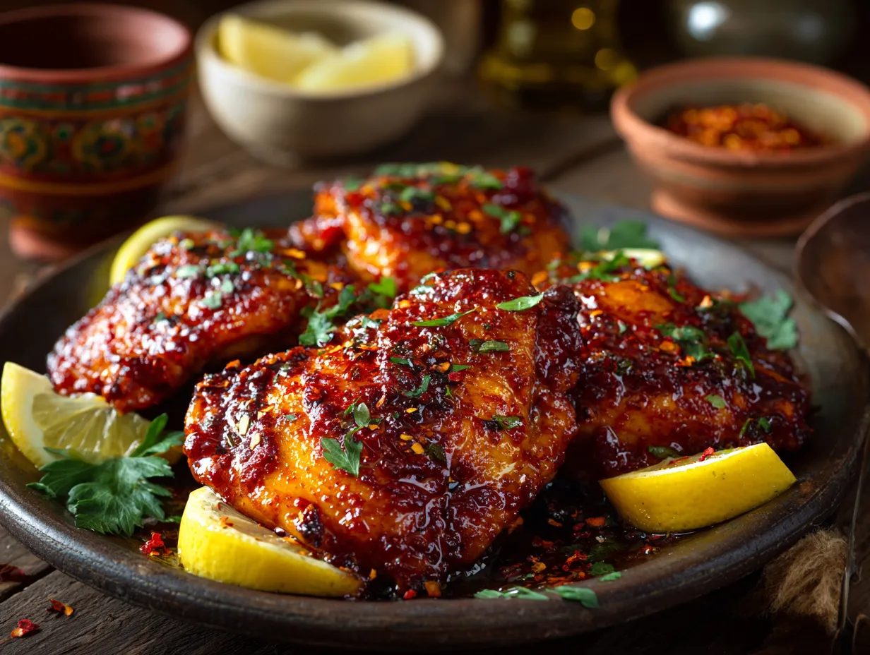 Harissa Honey Chicken for an Epic Dinner Win 2 Juicy harissa honey chicken glazed and garnished with herbs and lemon on a rustic plate.