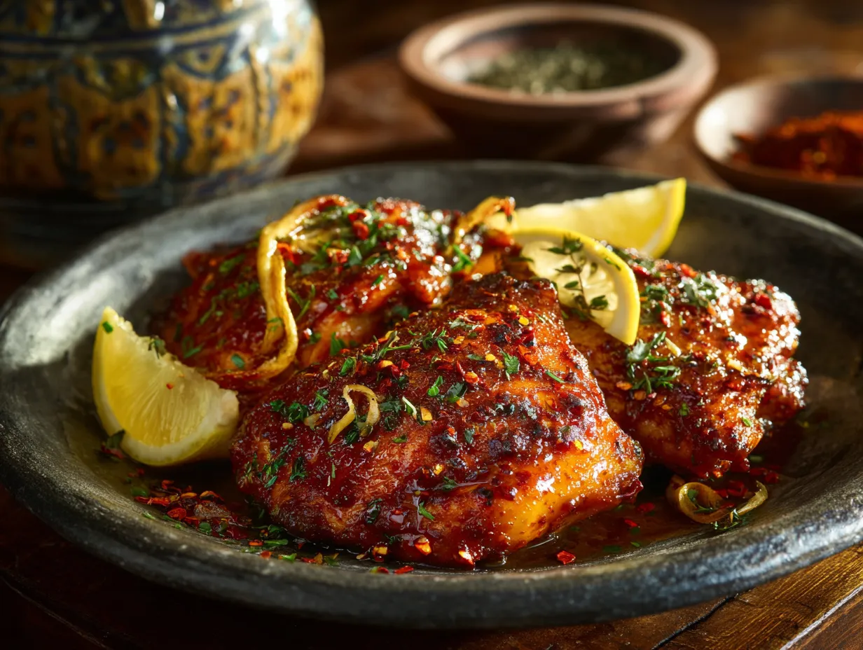 u1416823846 A rustic close up shot of harissa honey chicken t 6d019df7 76fc 4b91 9f7d f86e53c2c5ff 1 www.moroccaneats.com