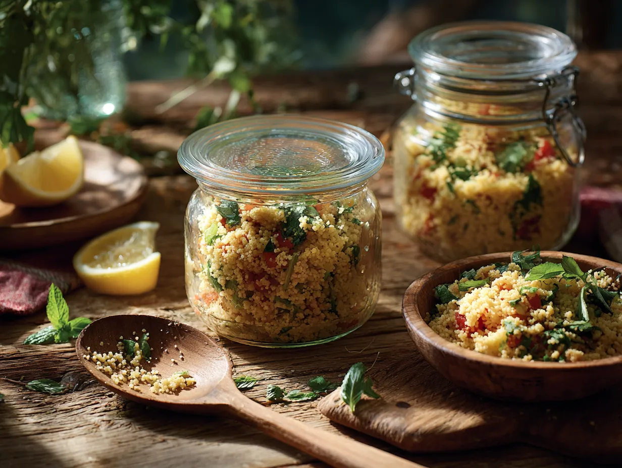 30-Minute Warm Couscous Salad You’ll Absolutely Love 6 Glass containers filled with warm couscous salad prepared for meal prep on a rustic kitchen table with fresh herbs and lemon wedges nearby