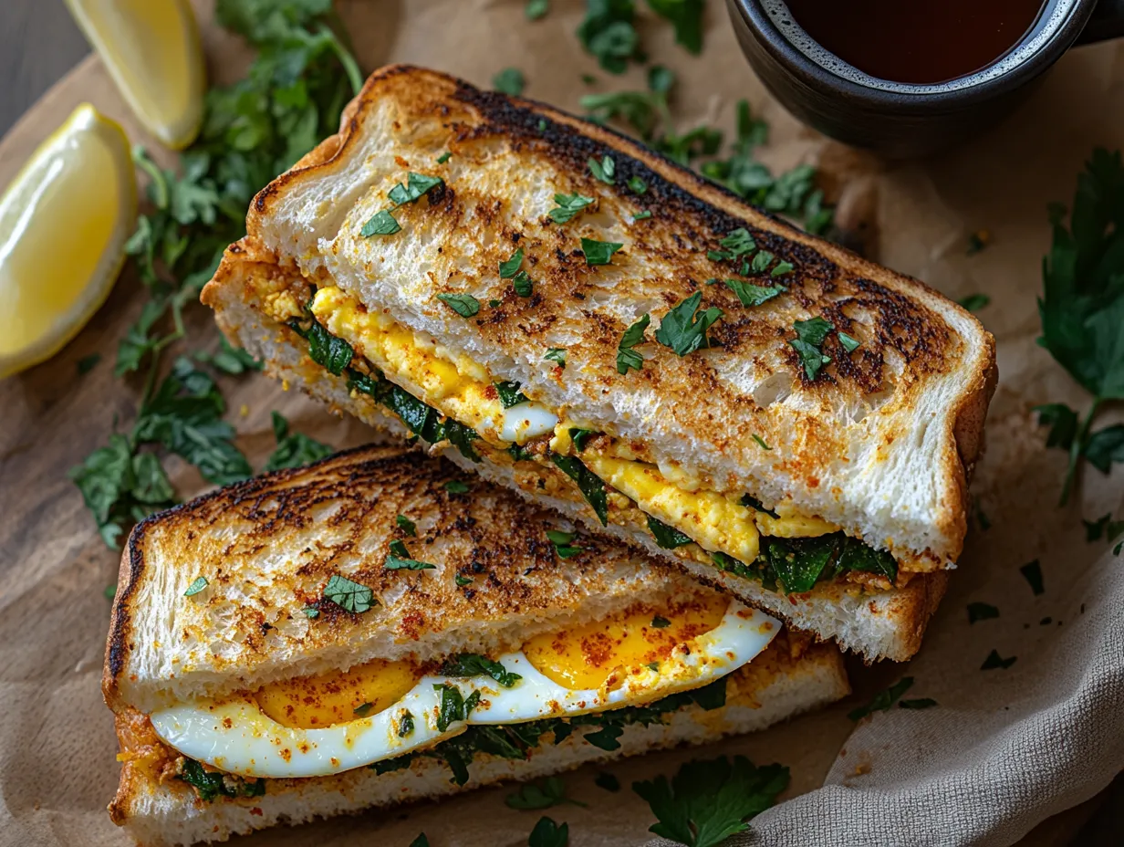Moroccan Egg and Harissa Sandwich Recipe That Wows 7 Finished Moroccan egg and harissa sandwich cut open with visible herbs and eggs, served with mint tea and rustic garnishes.