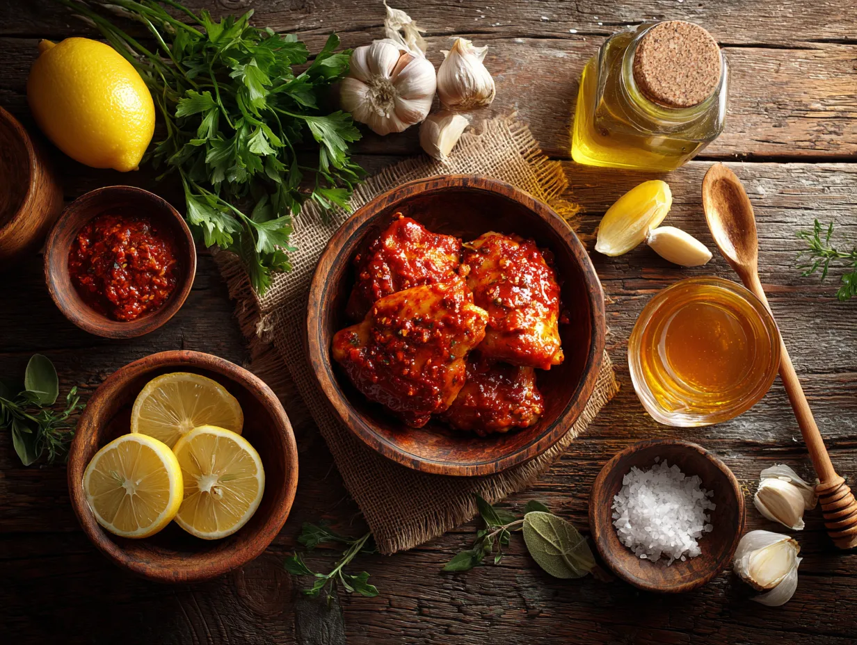 Harissa Honey Chicken for an Epic Dinner Win 3 Marinated chicken thighs coated in harissa honey glaze with fresh ingredients laid out on a rustic kitchen table.