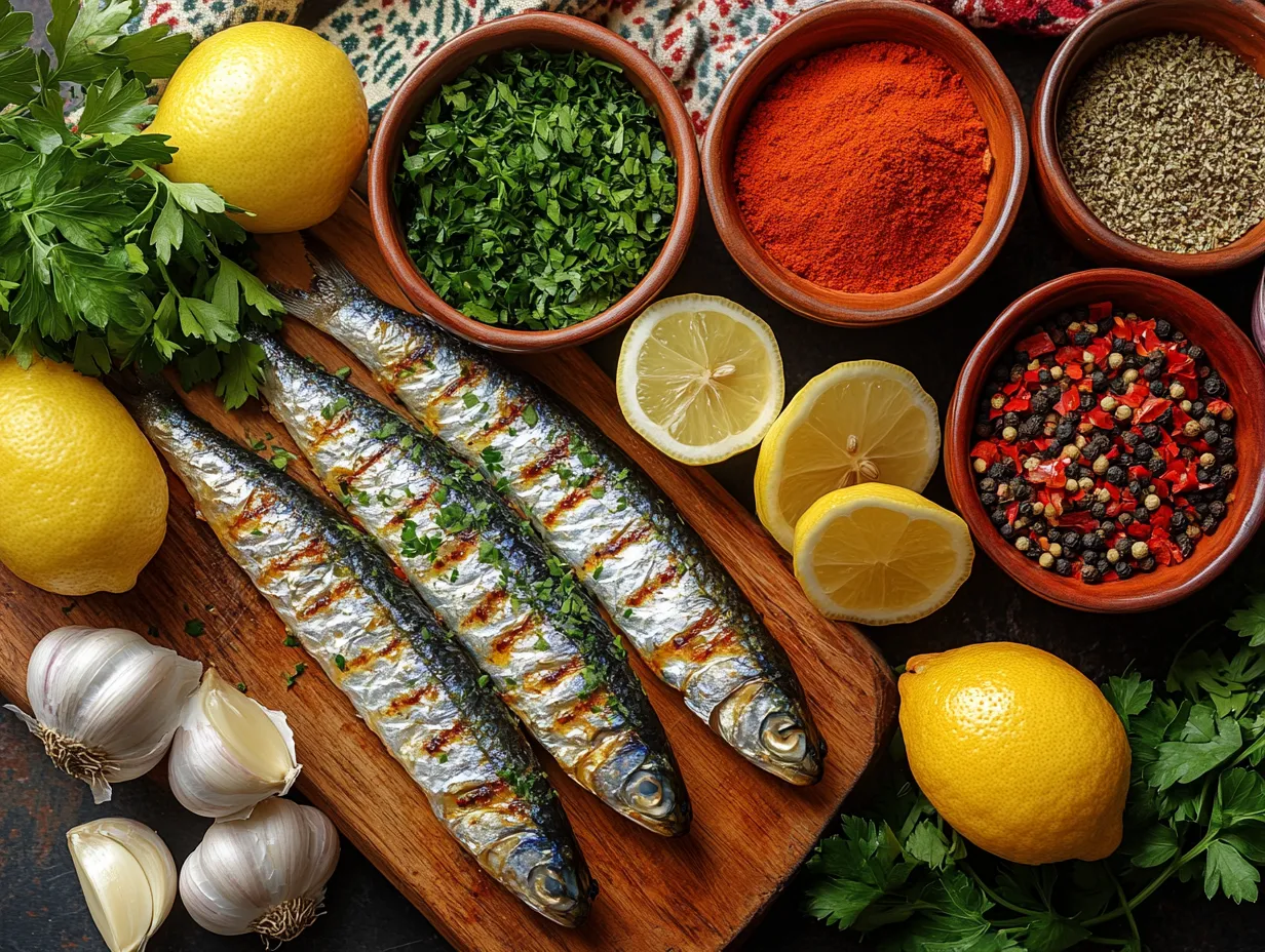 Fried Moroccan Sardines with Chermoula: Irresistible Delight 5 u1416823846 A top down view of rustic Moroccan kitchen ingred 40853325 2981 43b7 9427 b9c5ff22de06 0 www.moroccaneats.com