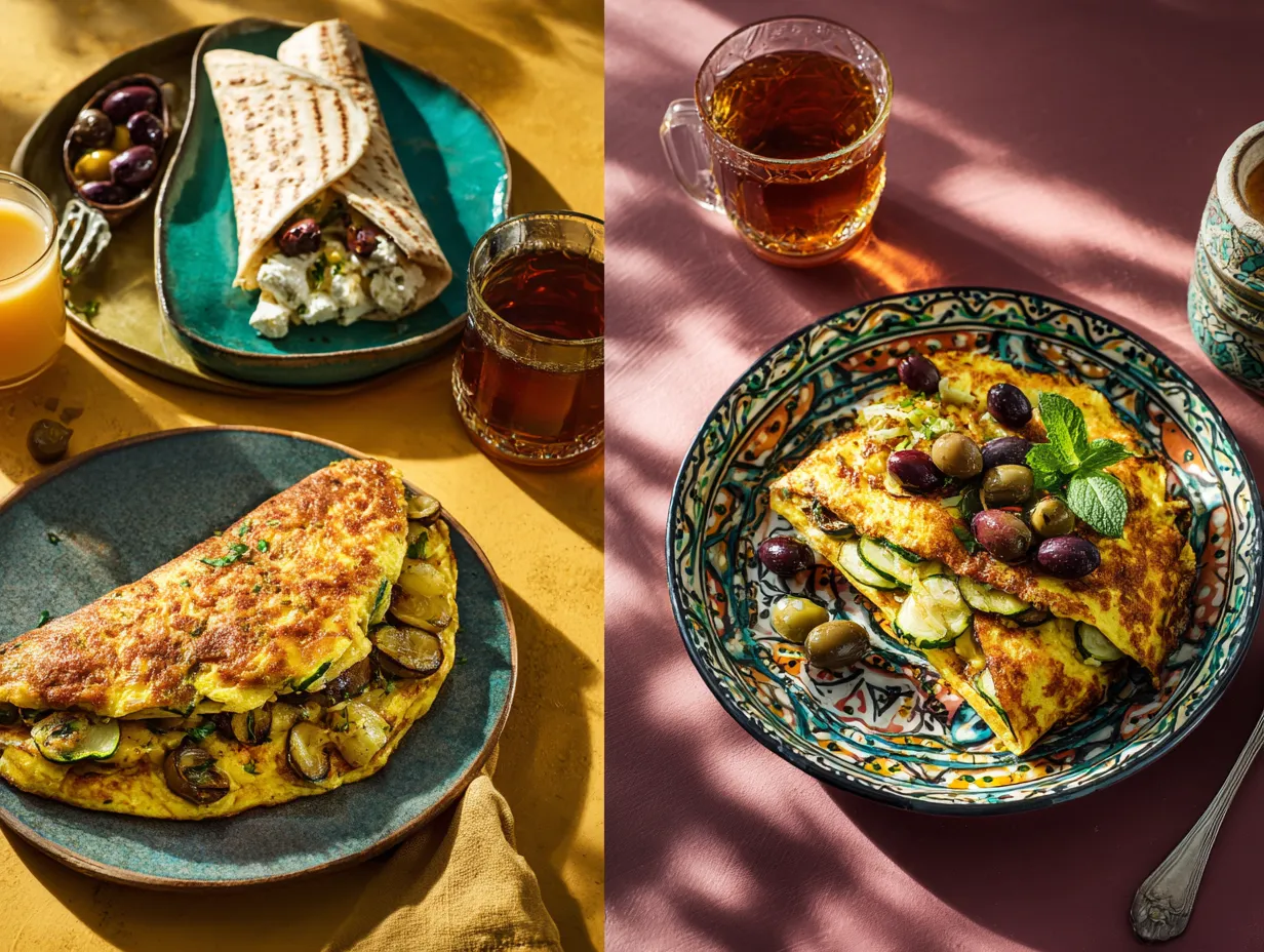 Moroccan Potato and Zucchini Omelette Made Irresistible 6 “Variations of Moroccan potato and zucchini omelette including cheese wrap, vegan slice, and traditional serving with olives and mint tea”