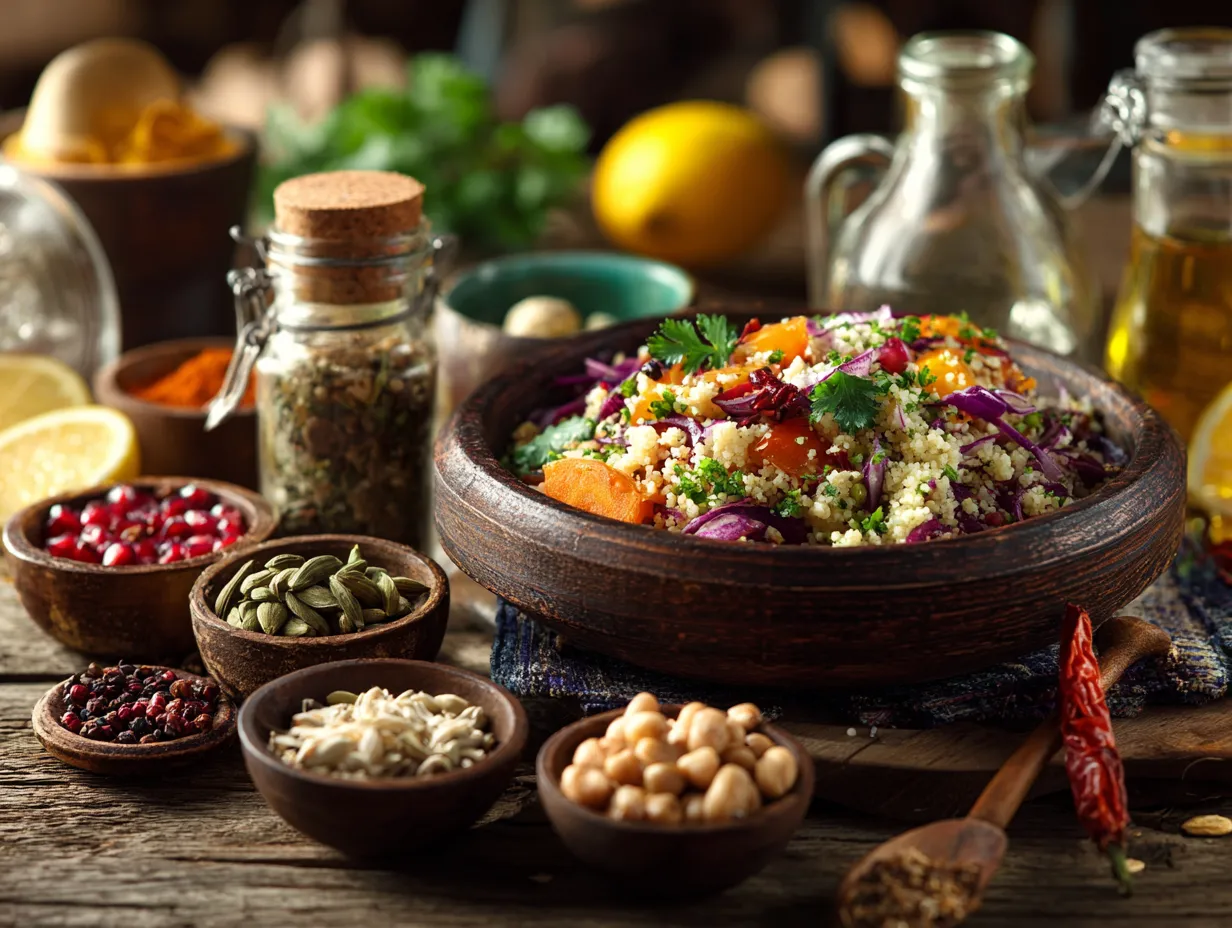 30-Minute Warm Couscous Salad You’ll Absolutely Love 5 Warm couscous salad with bowls of nuts, seeds, fresh herbs, and spices on a rustic wooden table