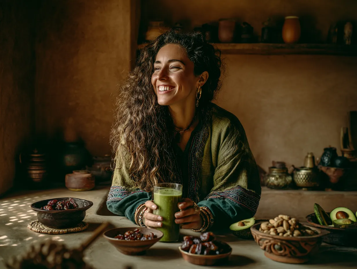 Moroccan Avocado and Nuts Smoothie for Glowing Health 5 Woman enjoying a Moroccan avocado and nuts smoothie in a cozy kitchen with traditional Moroccan decor and fresh ingredients around.
