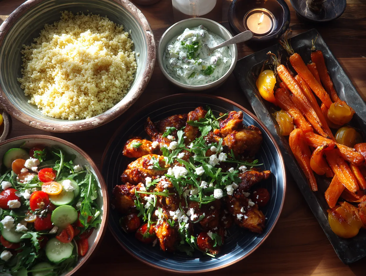 Harissa Honey Chicken for an Epic Dinner Win 5 Harissa honey chicken plated with couscous, yogurt dip, salad, and roasted vegetables on a rustic Mediterranean-style table.