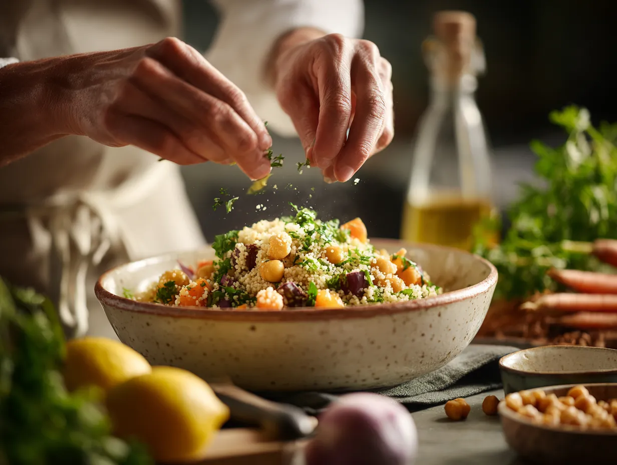 30-Minute Warm Couscous Salad You’ll Absolutely Love 4 Hands tossing a warm couscous salad with roasted vegetables and chickpeas in a ceramic bowl on a kitchen counter
