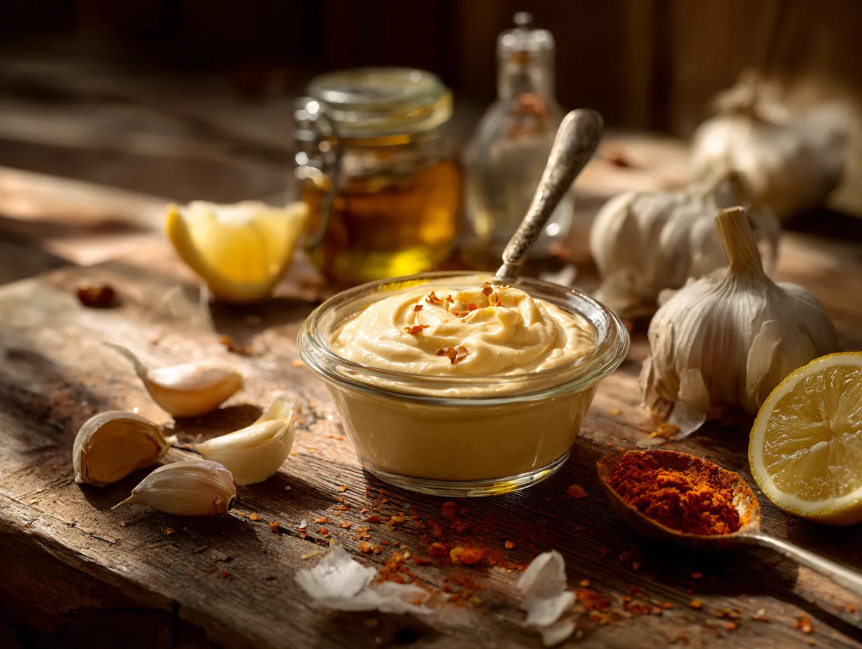 Garlicky Harissa Aioli: A Bold and Smoky Sauce You’ll Want on Everything 3 Creamy garlicky harissa aioli in a bowl surrounded by fresh garlic, lemon, and harissa paste ingredients