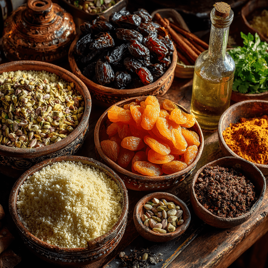 Moroccan Apricot and Pistachio Couscous Delight 3 A rustic kitchen counter with bowls of couscous, dried apricots, pistachios, and Moroccan spices displayed before preparation.