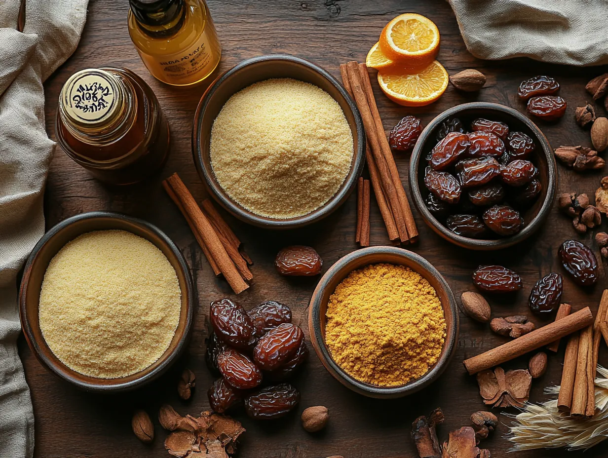 Makrout: Delectable Moroccan Date Pastry You’ll Adore 3 Makrout ingredients displayed neatly: semolina, date paste, cinnamon, honey, and orange blossom water.