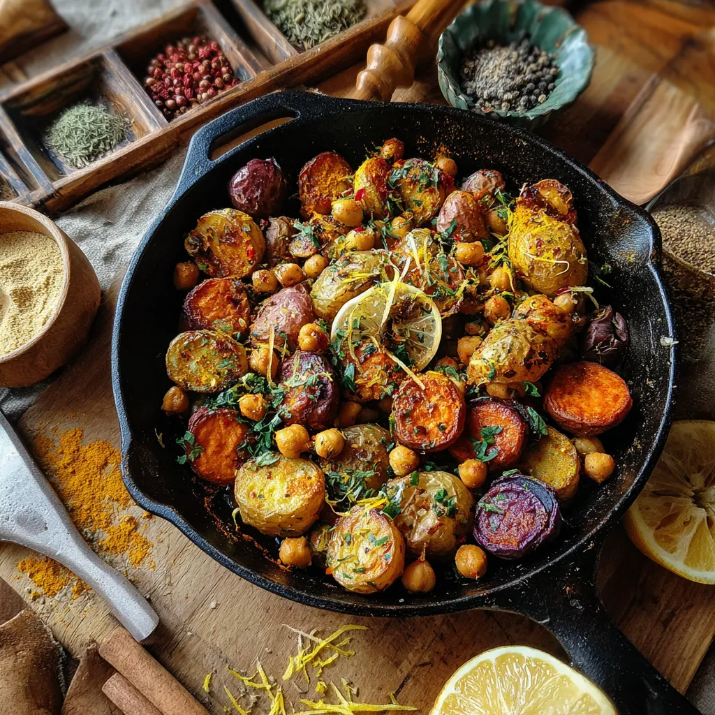 Moroccan Mint and Lemon Roasted Potatoes Perfection 6 “Creative variation of Moroccan roasted potatoes with sweet potatoes and chickpeas, styled in a rustic skillet with global spice elements.”