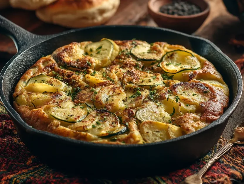 Moroccan Potato and Zucchini Omelette Made Irresistible 5 “Freshly made Moroccan potato and zucchini omelette in a skillet, served with bread, mint tea, and spices in a cozy kitchen setting”