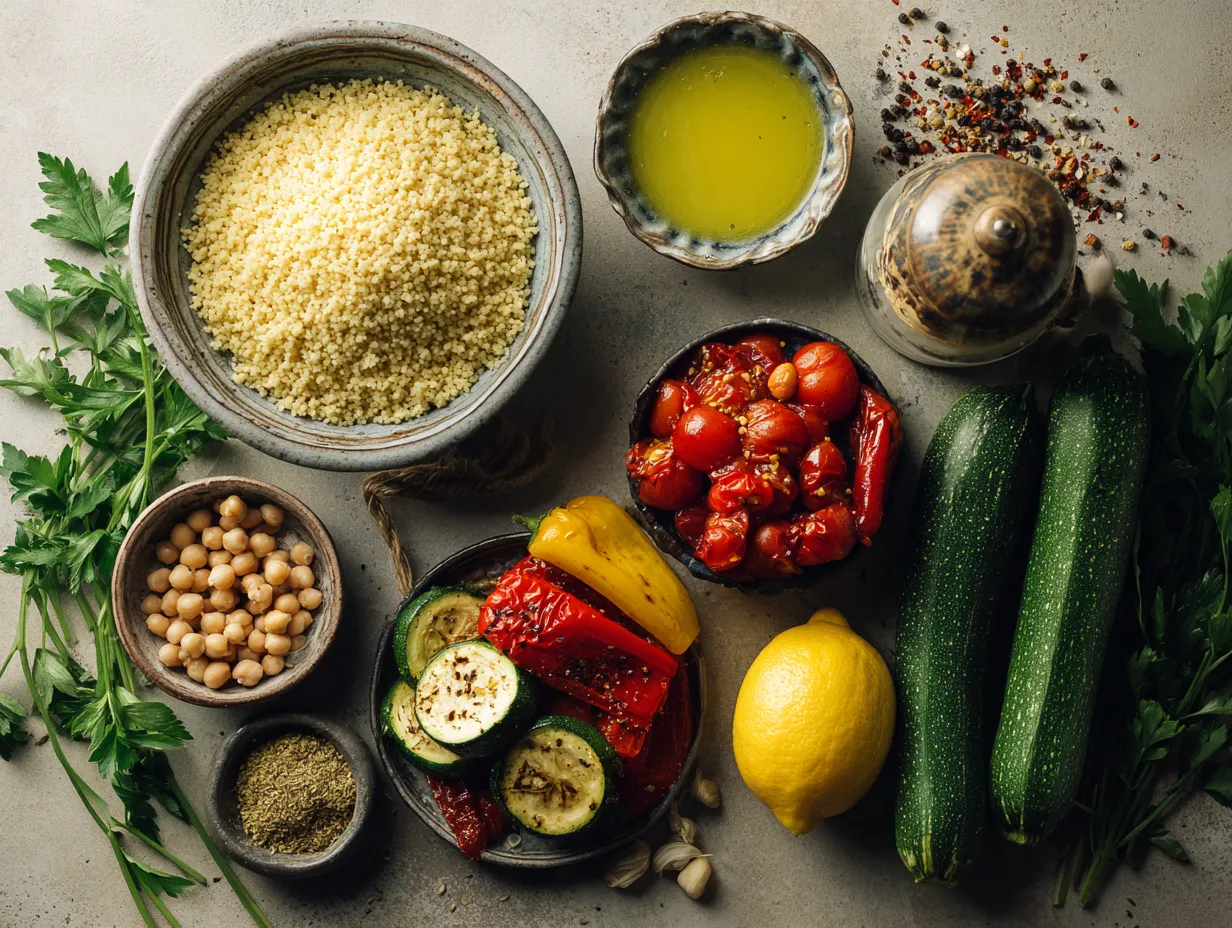 30-Minute Warm Couscous Salad You’ll Absolutely Love 3 Flat lay of warm couscous salad ingredients including couscous, chickpeas, roasted vegetables, herbs, and lemon vinaigrette on a rustic surface
