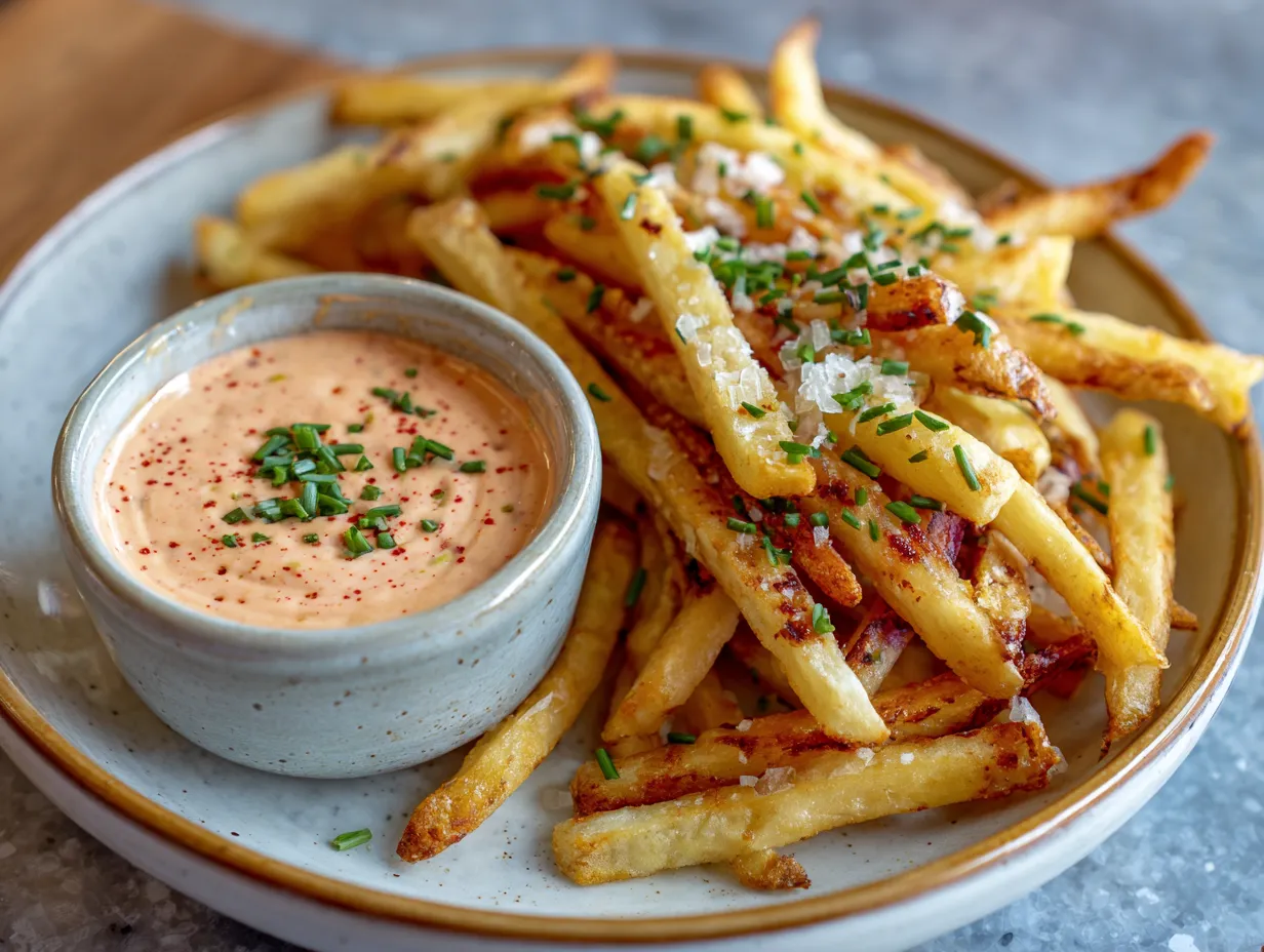 Rustic spread of garlicky harissa aioli with dipping ingredients like fries, veggies, and harissa paste on a wooden table