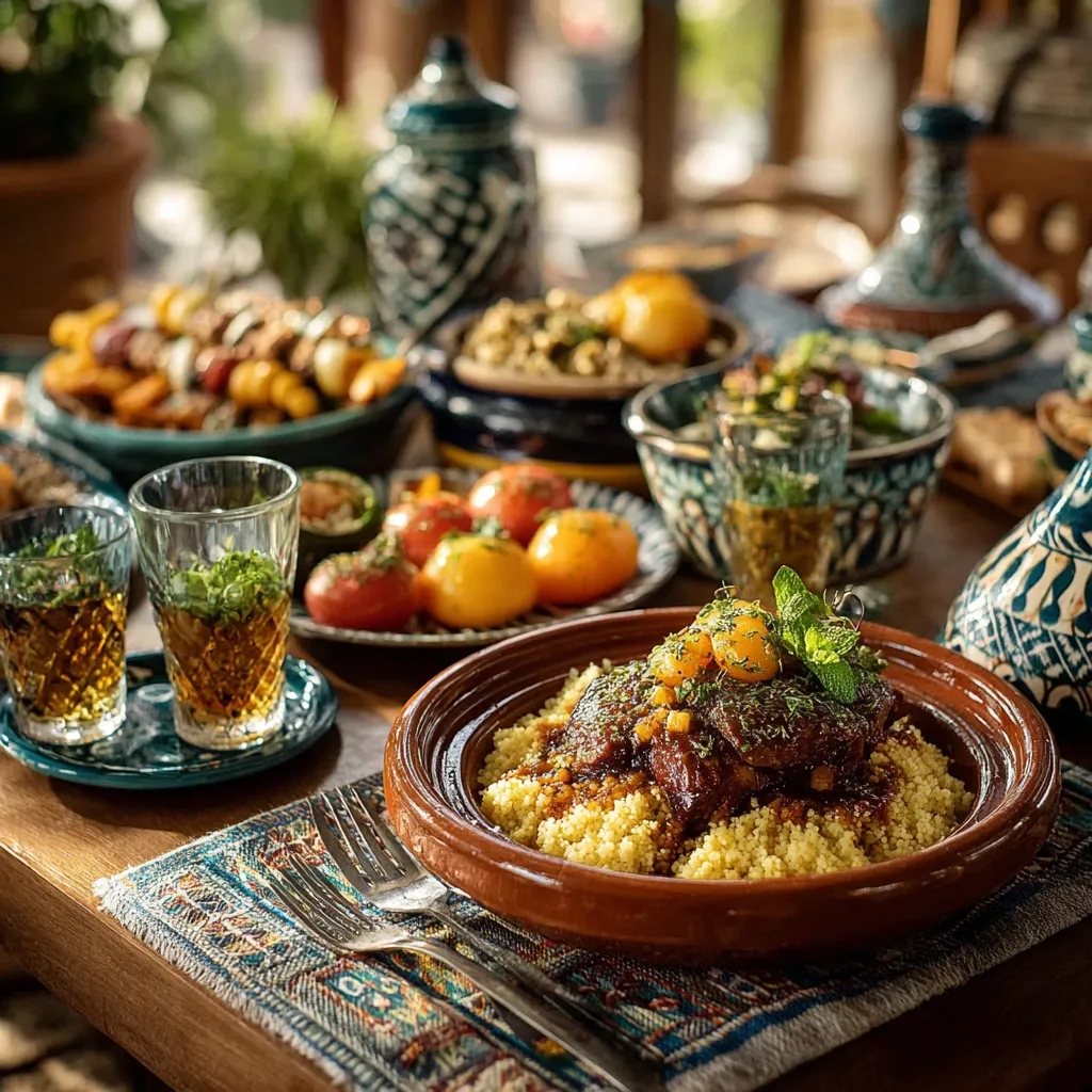 Moroccan Apricot and Pistachio Couscous Delight 5 A traditional Moroccan table with a tagine of apricot and pistachio couscous, surrounded by grilled meats, vegetables, and mint tea glasses, styled with vibrant ceramics.