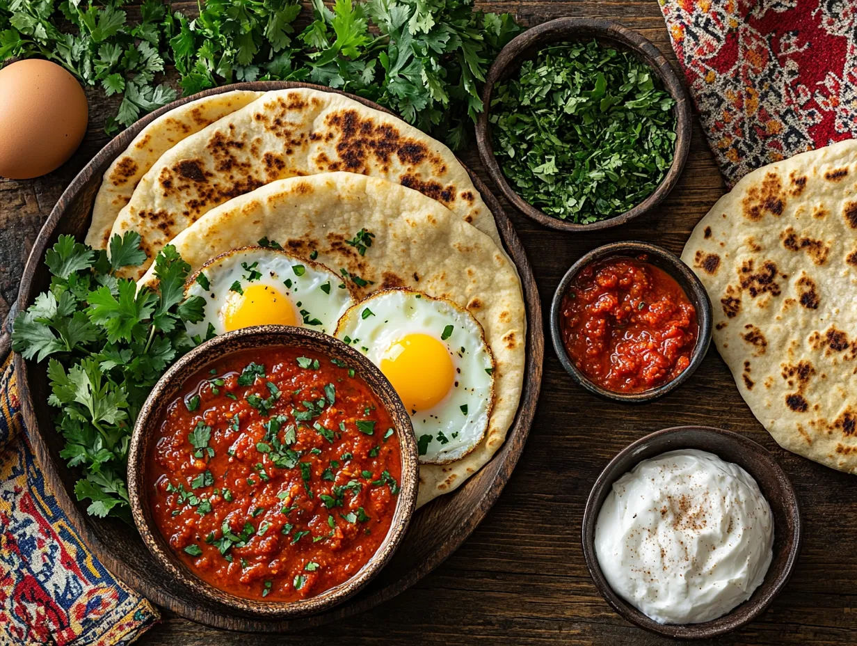 Moroccan Egg and Harissa Sandwich Recipe That Wows 3 Flat lay of Moroccan egg and harissa sandwich ingredients, including spices, herbs, eggs, and flatbread, styled on a rustic table with Moroccan décor.