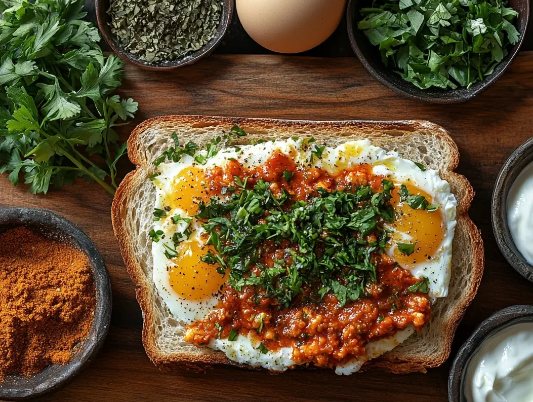 Moroccan Egg and Harissa Sandwich Recipe That Wows 4 Step-by-step visuals of preparing a Moroccan egg and harissa sandwich with spices, herbs, and toasted bread.