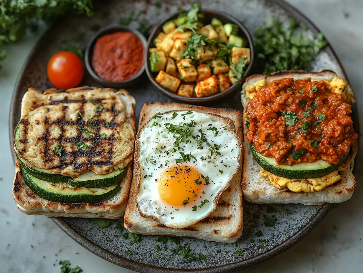 Moroccan Egg and Harissa Sandwich Recipe That Wows 5 Three variations of Moroccan egg and harissa sandwiches: vegetarian, meat-filled, and vegan, arranged with side dishes and vibrant garnishes.