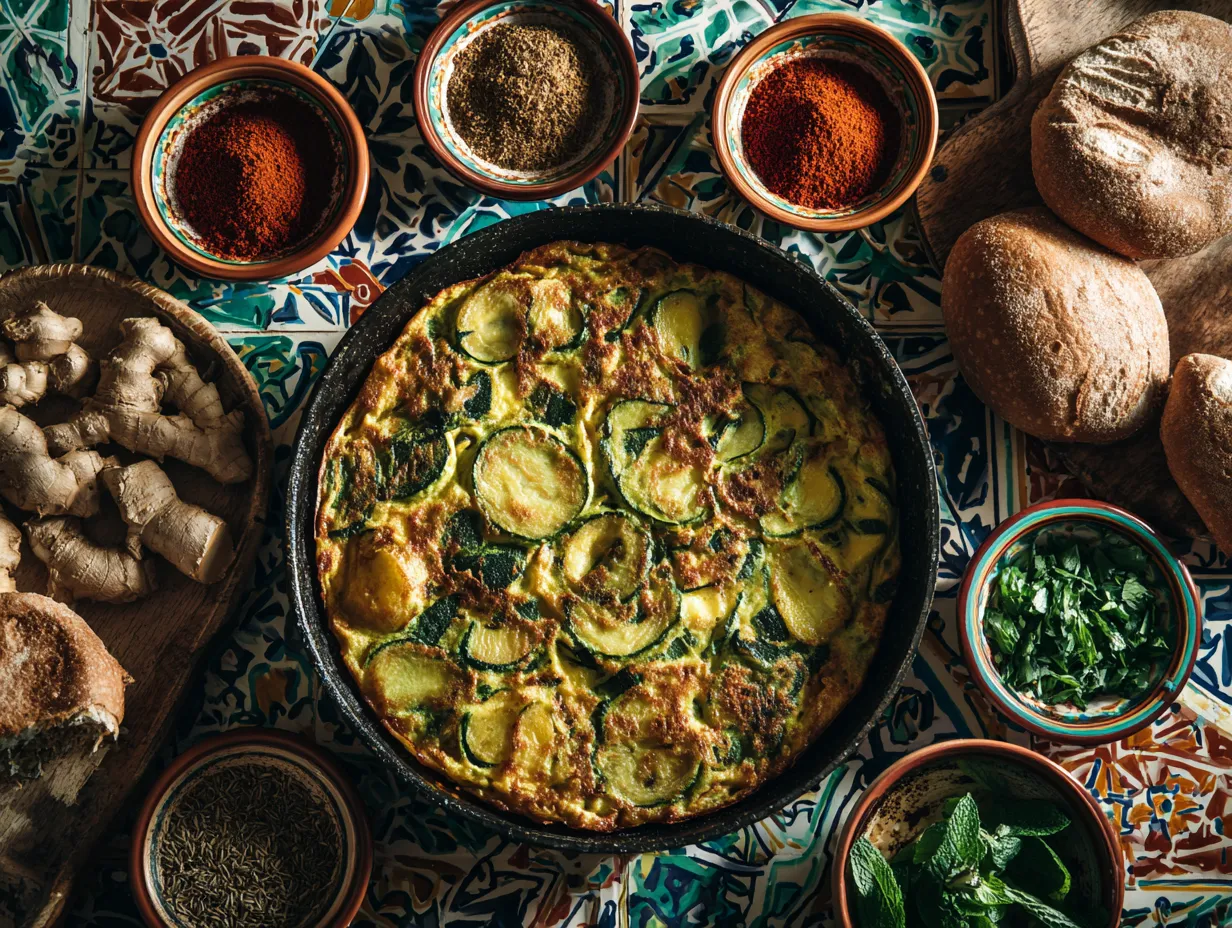 Moroccan Potato and Zucchini Omelette Made Irresistible 2 “Rustic Moroccan potato and zucchini omelette served in a skillet with spices and herbs on a traditional tablecloth”