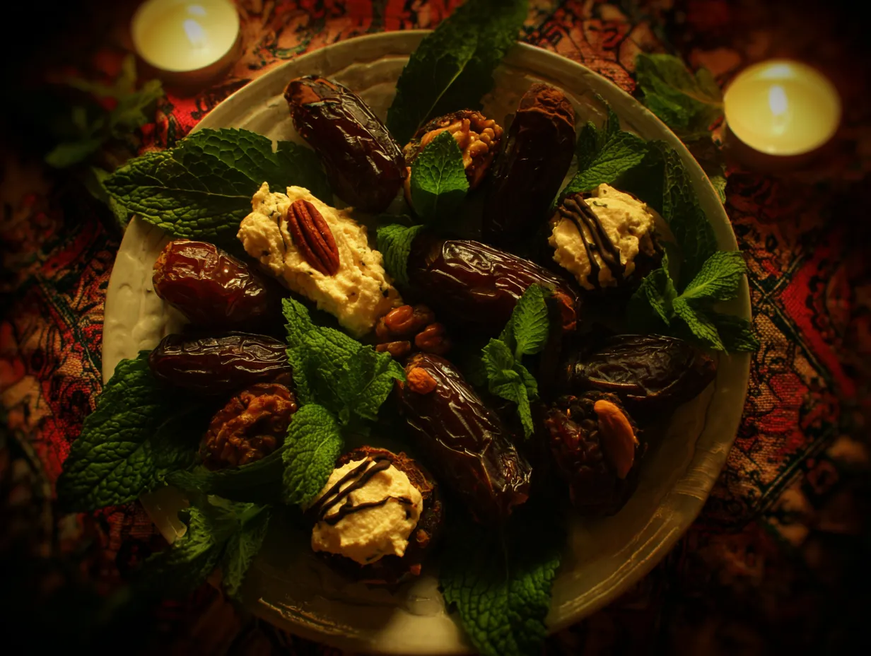 An assortment of Moroccan filled dates on a decorative platter, stuffed with nuts and cheese, drizzled with honey and chocolate, styled with mint leaves
