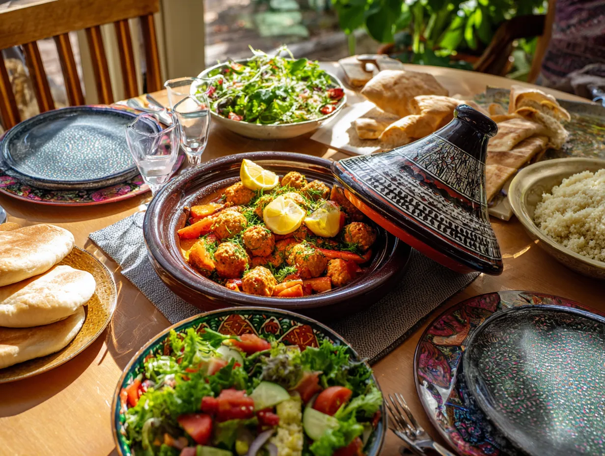 Irresistible Salmon Meatball Tagine Recipe You’ll Love 5 Salmon meatball tagine served with couscous, flatbread, and fresh salad on a Moroccan-style dining table.