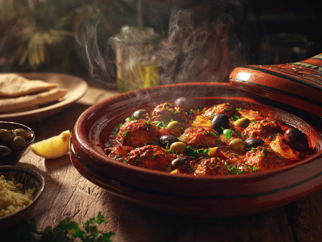 Irresistible Salmon Meatball Tagine Recipe You’ll Love 4 Salmon meatball tagine simmering in a clay pot with olives, preserved lemon, and herbs, served with couscous and bread.