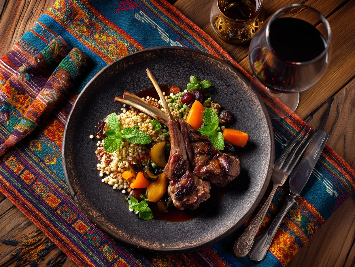 Moroccan Grilled Lamb Chops That Taste Heavenly 9 Moroccan grilled lamb chops plated with couscous, grilled vegetables, and mint, accompanied by wine and Moroccan mint tea.