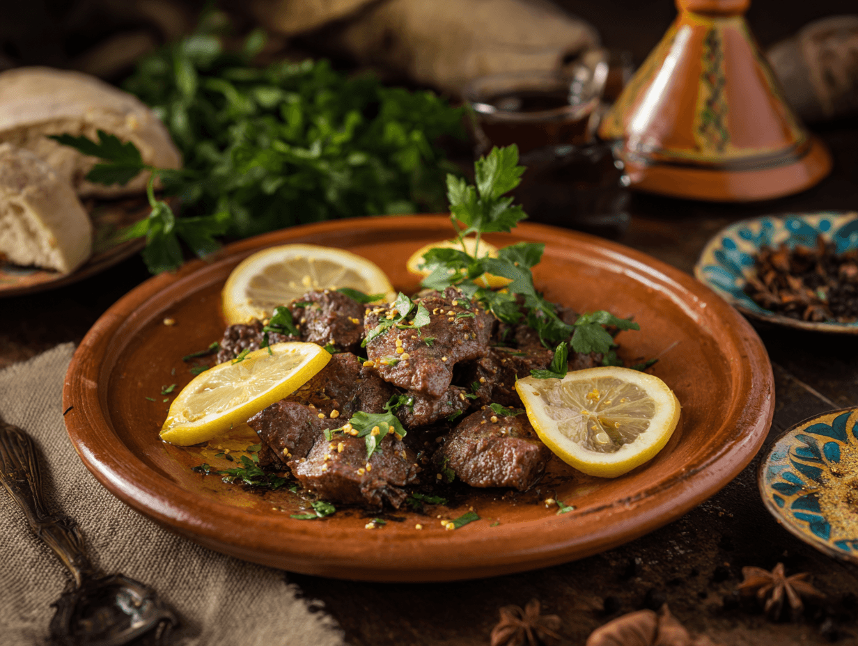 Moroccan Style Lamb Liver: A Comforting Flavor Explosion 5 A traditional Moroccan lamb liver dish garnished with parsley and lemon, styled with Moroccan spices and bread on a rustic table.