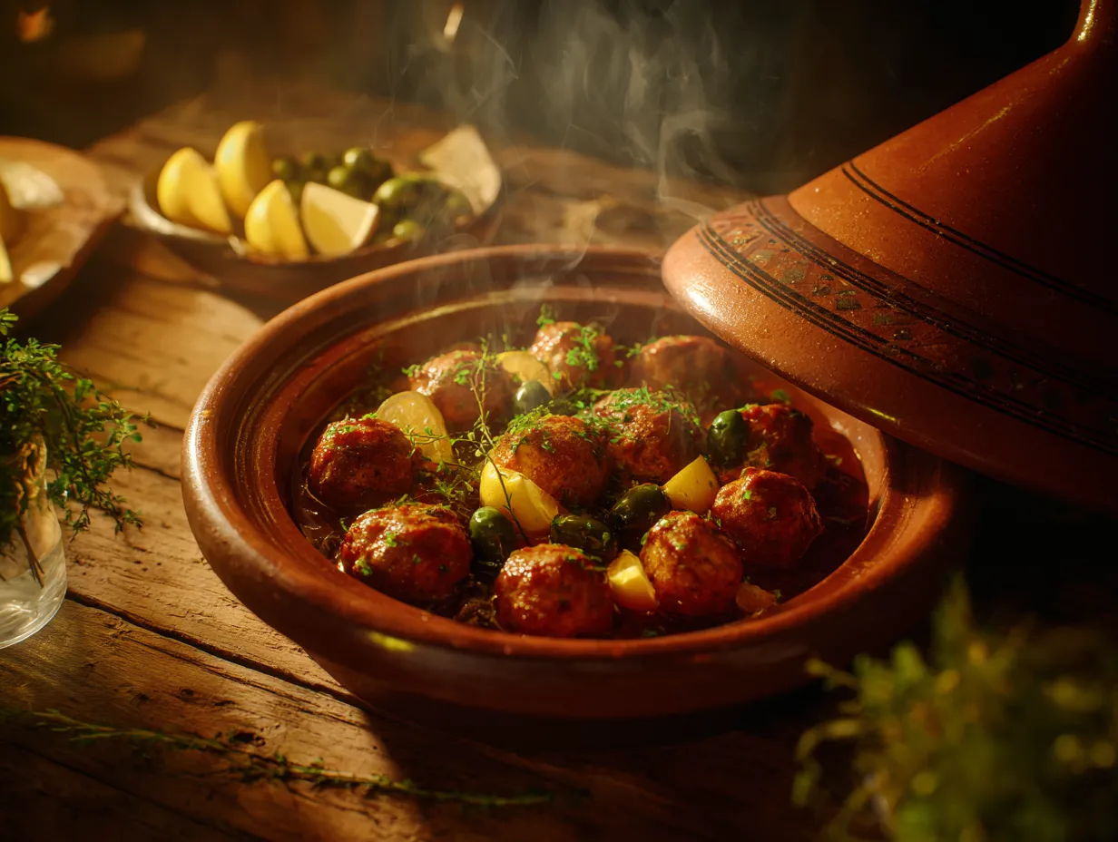 Irresistible Salmon Meatball Tagine Recipe You’ll Love 2 Moroccan salmon meatball tagine in a clay pot with olives, preserved lemon, and herbs served on a rustic wooden table.