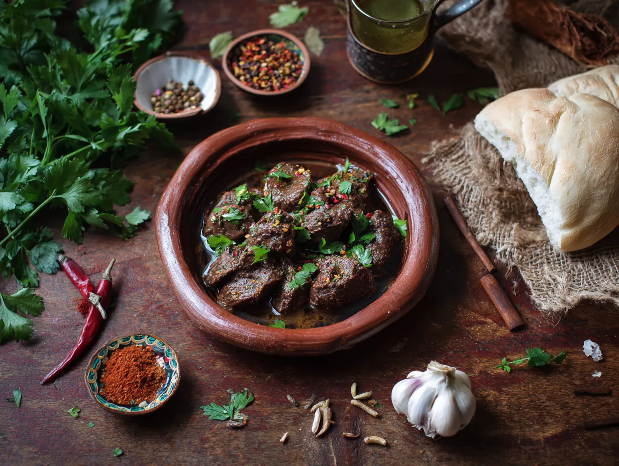 Moroccan Style Lamb Liver: A Comforting Flavor Explosion 2 A traditional Moroccan style lamb liver garnished with herbs and surrounded by spices on a rustic Moroccan table.