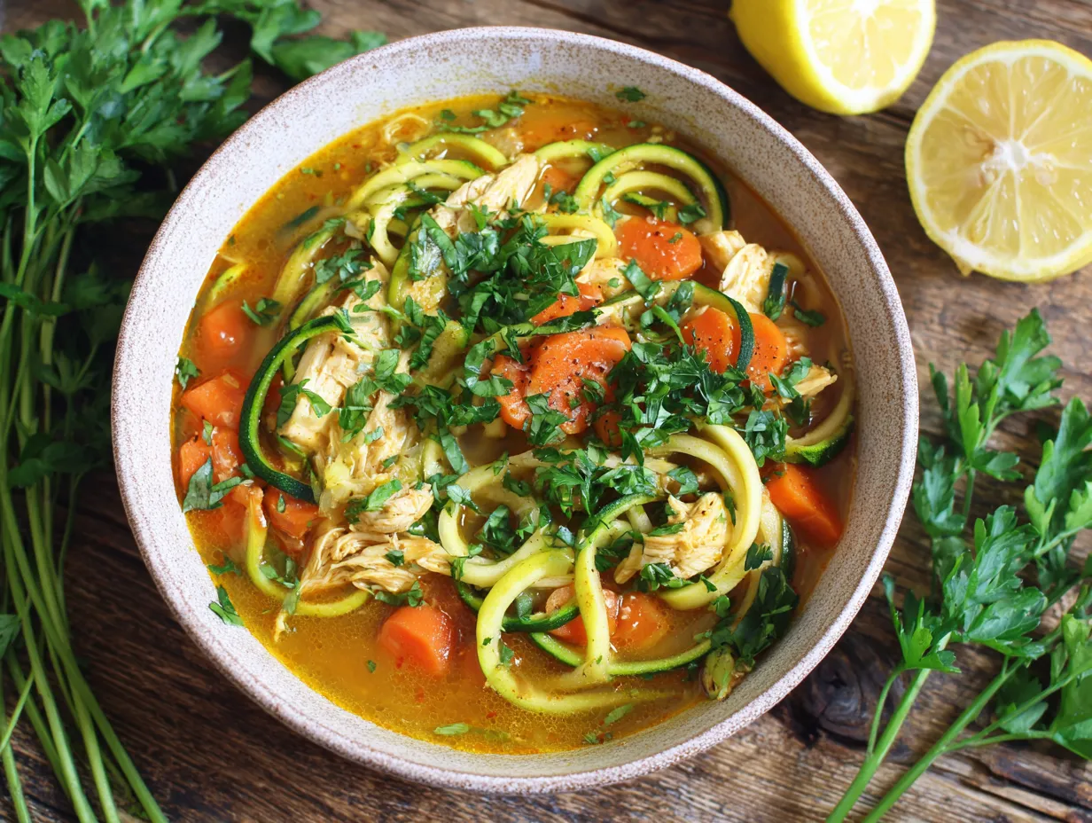Deliciously Healthy Paleo Moroccan Chicken Noodle Soup 6 "Bowl of Paleo Moroccan Chicken Noodle Soup with zucchini noodles, chicken, and vegetables, garnished with parsley and lemon wedges."